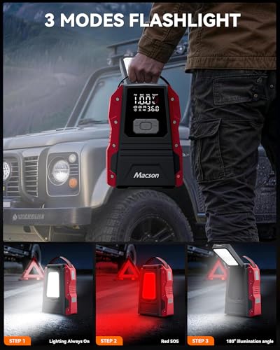 5000A Jump Starter with Air Compressor - Portable 12V Jump Box Battery Pack for 9.0L Gas/8.0L Diesel Engines, Car Jumper Starter Portable with 150PSI Tire Inflator, LED Screen, Fold-Up LED Flashlight