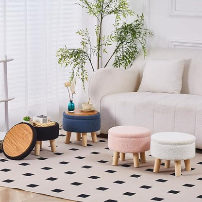 Wimarsbon Storage Ottoman, Modern Round Footrest with Soft Padded Seat, Teddy Velvet Footstool with Wood Legs, Accent Small Table or Plant Stand for Hallway, Living Room (Grey-Blue) - color: Dark Grey Blue