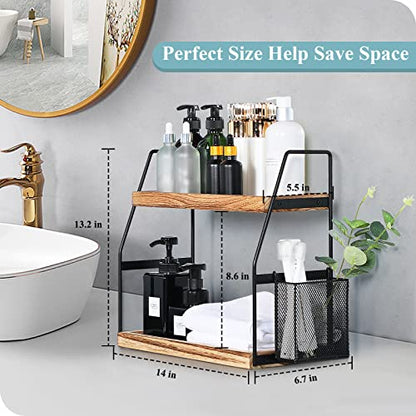 Bathroom Counter Organizer, 2-Tier Standing Storage Shelf with Basket, Wood Tray for Skincare Vanity Organizer - style: 2 Tier Brown