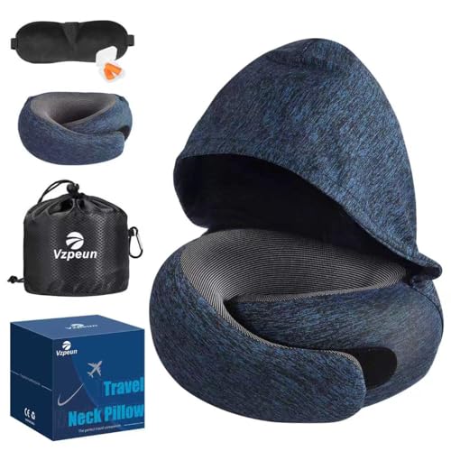 Travel Pillow - Hooded Neck Pillow Airplane Memory Foam Filling for Plane, Office, Cars Sleeping, Road Trip, Long Flights, Airplane Travel Essentials, Includes Eye Mask & Earplugs - color: Midnight Blue
