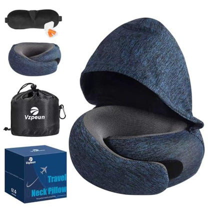 Travel Pillow - Hooded Neck Pillow Airplane Memory Foam Filling for Plane, Office, Cars Sleeping, Road Trip, Long Flights, Airplane Travel Essentials, Includes Eye Mask & Earplugs - color: Midnight Blue