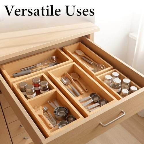 Bamboo Drawer Organizer 5 Pcs for Kitchen Multi-purpose Storage Dividers for Kitchen, Office, Jewelry, Cosmetics, Wooden Drawer Dividers for Drawer Organizer Desk Organizer Gift for Women Gifts Idea