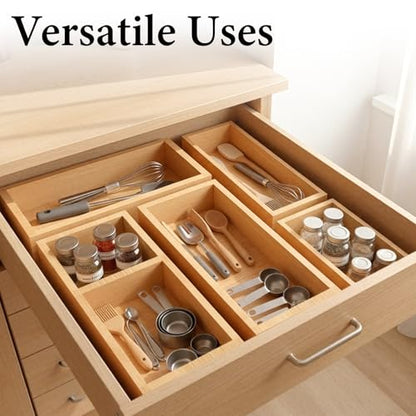 Bamboo Drawer Organizer 5 Pcs for Kitchen Multi-purpose Storage Dividers for Kitchen, Office, Jewelry, Cosmetics, Wooden Drawer Dividers for Drawer Organizer Desk Organizer Gift for Women Gifts Idea