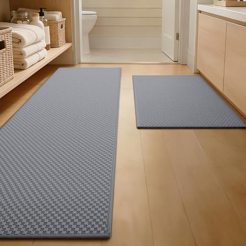 YIHOUSE Bathroom Rugs Sets 2 Piece Non Slip Washable, Absorbent Quick Dry Bath Mat Set, Weave Texture Low Profile Bath Rugs, Floor Mats for Bathroom, Tub & Shower (17"x24" + 17"x47", Light Grey) - color: Light Grey, size: 2 Pieces (17"x24" + 17"x47")