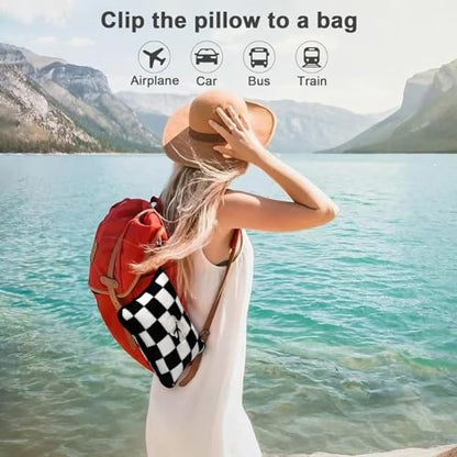 Travel Blanket and Pillow Compact, Premium Soft 2 in 1 Airplane Blanket with Soft Bag Pillowcase，Hand Luggage Sleeve and Backpack Clip (Checkered Black) - color: Checkered Black