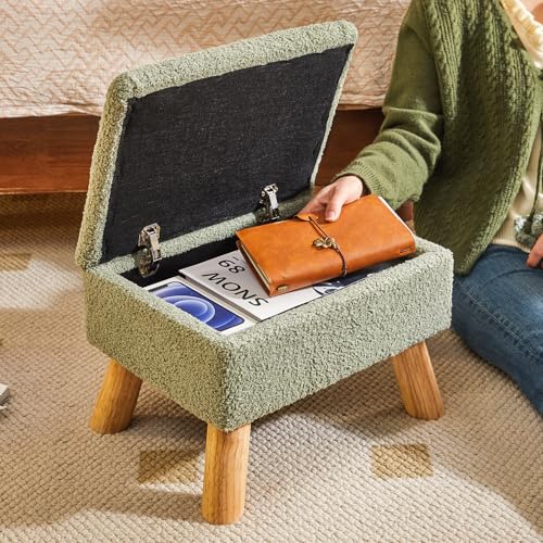 YMYNY Storage Ottoman,Small Foot Stool, 15.75"×11.81"×11.02" Green,HBD042GR | Teddy Velvet,Sturdy Wood Legs,Footstool with Padded Seat, For Living Room Bedroom Couch Entryway - color: Green
