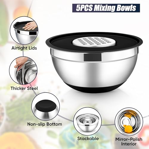 E-far Stainless Steel Mixing Bowls with Lids Set, 5-Piece Nesting Salad Bowls with 3 Grater Attachments and Non-Slip Bottoms, Size 4.6, 2.6, 2, 1.5, 1QT for Kitchen (Black) - color: Black, size: 5 Regular Sizes