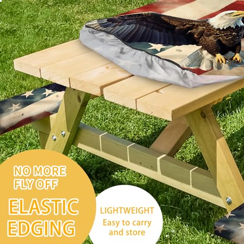 Park Picnic Table Cover with Bench Covers Lightweight Camping Essentials, Oil-Proof Waterproof 3PCS Tablecloth with Elastic, Fitted for Table 6FT Rectangle and Seats, American Flag Eagle (72x30in) - color: American Flag Eagle