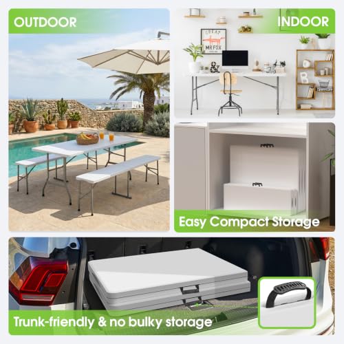 HLPB Folding Table Picnic Table Set, 6 ft Camping Table with 2 Benches, Outdoor Indoor Portable Folding Furniture for Working Meeting Party, Camping, Picnic, Weddings w/Handle and Safety Locks, White
