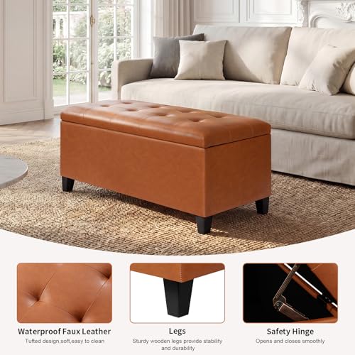 Asense Storage Ottoman Bench, 33" Faux Leather Upholstered End of Bed Bench with Safety Hinge,Wooden Legs,for Entryway Bedroom Living Room - color: 33" Brown Faux Leather