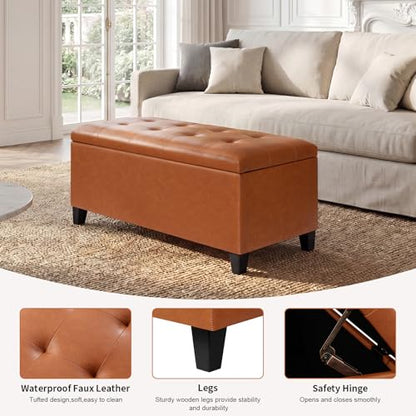 Asense Storage Ottoman Bench, 33" Faux Leather Upholstered End of Bed Bench with Safety Hinge,Wooden Legs,for Entryway Bedroom Living Room - color: 33" Brown Faux Leather