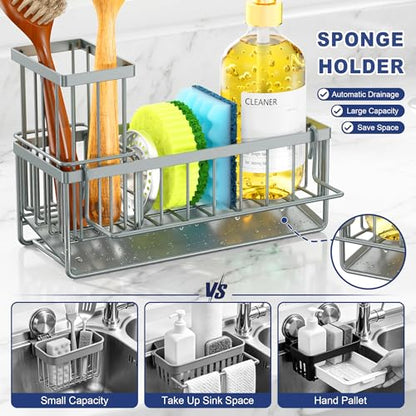 Sponge Holder for Kitchen Sink, Kitchen Sink Caddy, Kitchen Sink Sponge Holder, Dish Sponge Holder, Kitchen Sink Organizer for Sponge, Dish Brush, Scrubber(9.65" x 3.74" x 6.3", Gray) - color: Gray