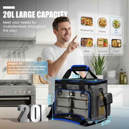 Large Heated Lunch Box Lunch Bag for Men, Auto Temp Control Electric Lunch Box for Adults, 12/24/110V Portable Food Warmer for Truck/Car/Work/Travel, Self Heating Lunch Box for Construction