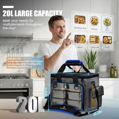Large Heated Lunch Box Lunch Bag for Men, Auto Temp Control Electric Lunch Box for Adults, 12/24/110V Portable Food Warmer for Truck/Car/Work/Travel, Self Heating Lunch Box for Construction