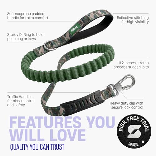 Dog Friendly Co. Bungee Dog Leash | Strain Free & Shock Resistant for Control | Neoprene Padded Handle, Heavy-Duty Carabiner Clip, and D-Ring | Green Camo, Size Small - color: Green Camo, size: Small