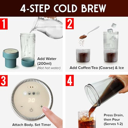 Mueller RapidBrew Cold Brew Iced Coffee Maker – 10 Min Fast Brew Portable Rechargeable Cold Brew Machine for Coffee & Tea – Adjustable Strength 10-99 Min – 20 Servings Per Charge, Mineral Blue - color: Mineral Blue