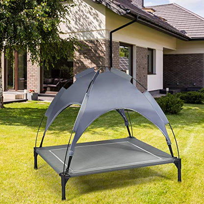 Giantex Elevated Dog Bed with Removable Canopy, Portable Raised Pet Cot Cooling Dog Bed for Camping Beach Lawn, Keep Dogs Cats Cool in Summer, Breathable Fabric Steel Frame, Easy Assembly - size: L (35.5'' x 32'' x 32'')