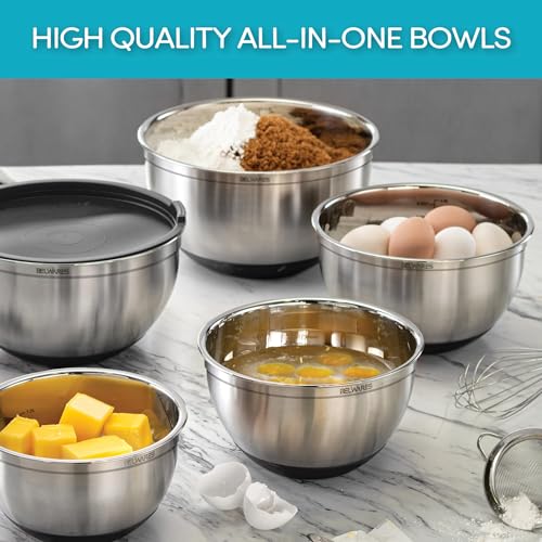 Belwares Mixing Bowls with Lids Set of 5 - Stainless Steel Mixing Bowl Set, Kitchen Nesting Metal Bowls with Non Slip Bottoms + 3 Grater Attachments, Airtight Lids, Food Prep + Storage, Matte Black - color: Matte Black, size: 5-Piece