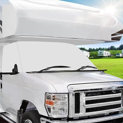 RV Windshield Cover Compatible with Class C Ford 1997-2026, UV Block Offer Complete Privacy with Light Preserves Interior (White Color with Mirror Cutouts)