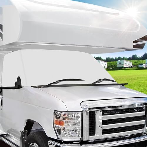 RV Windshield Cover Compatible with Class C Ford 1997-2026, UV Block Offer Complete Privacy with Light Preserves Interior (White Color with Mirror Cutouts)