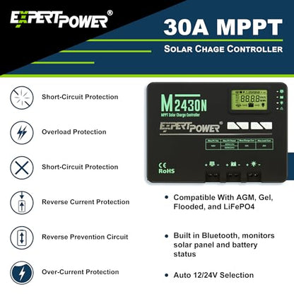 ExpertPower 400W 12V Solar Panel Kit | 400W Mono Rigid Solar Panels, 30A MPPT Solar Charge Controller | RV, Trailer, Camper, Marine, Off Grid, Solar Projects - size: 400W + 30A MPPT