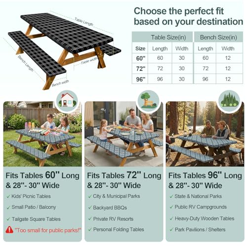 Play Tailor Picnic Table Cover with Bench Covers Camping Essentials Waterproof Windproof Camping Tablecloth with Drawstring Bag, Fitted Rectangle Tables and Seats, 96in, Black Checkered - color: Black Checkered, size: 96in