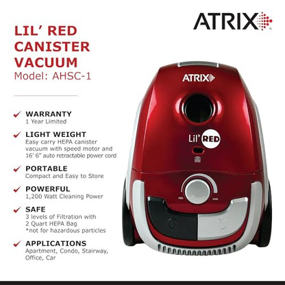 AHSC-1 Atrix Lil Red Canister Vacuum Portable Canister vacuum w/ 2 Quart HEPA Filter & Variable Speed Motor - style: Lil' Red