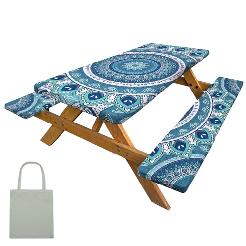 pickyNproud Picnic Table Cover with Bench Covers Camping Tablecloth with Storage Bag Windproof Waterproof Picnic Table Covers with Elastic for Camping - color: Deep Blue Green, size: 72x30in