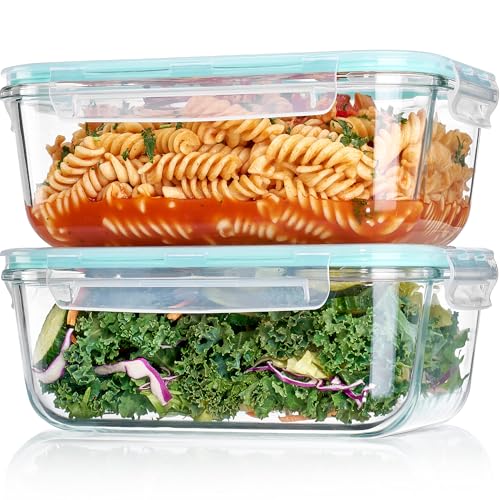 Vtopmart 2Pack 1860ml/63oz Large Glass Containers Food Storage with Lids, Meal Prep Food Container Set with Snap Airtight Lid for Baking, Microwave, Oven, Leak Proof, for Freezer, Dishwasher, Green - color: Green, size: 63oz