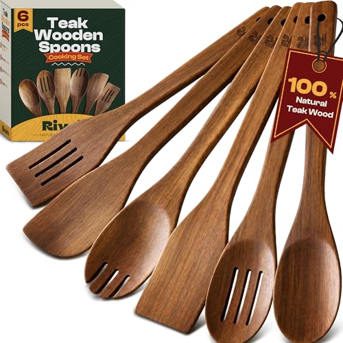 Riveira Teak Wooden Spoons for Cooking Set of 6 – Natural Teak Wooden Cooking Utensils, Wooden Spatula, Wooden Spoon - Premium Quality Utensil Set for Non-Toxic Cooking - color: Teak, size: Set of 6