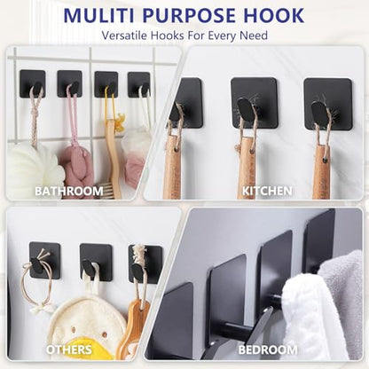 Adhesive Black Hooks - Stainless Steel Wall Hooks Hanger for Hanging Towel Coat Hat Shower Hooks, 304 Metal Robe Hook Rack Stick on Toliet Bathroom Bedroom Office or Kitchen Wall Mount (4 Packs) - color: Black