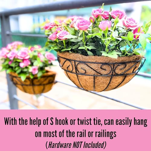 LaLaGreen Wall Hanging Planter, 2 Pack, 12 Inch Wall Mounted Flower Basket with Coco Liner for Outdoor Plants, Black Metal Wire Rail Herb Pot Holder Fence Railing Deck Porch Balcony Garden Patio Decor - size: 12" (30.5cm) x 2 Pack