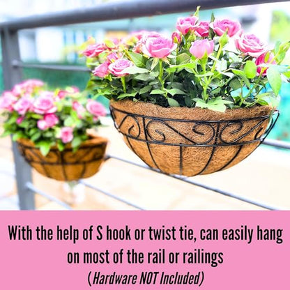 LaLaGreen Large Wall Planter Outdoor - 2 Pack, 14 Inch Large Fence Hanging Flower Baskets with Coco Liner, Herb Pots Holder Rail Planter Outside Railing Deck Porch Balcony Vertical Garden Privacy Wall - size: 14" (35.5cm) x 2 Pack