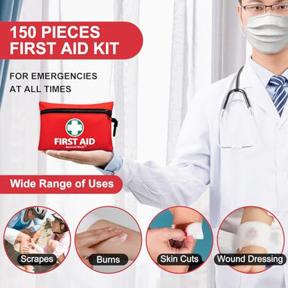 General Medi Mini First Aid Kit, 150 Piece Small First Aid Kit - Includes Emergency Foil Blanket, Scissors for Travel, Home, Office, Vehicle, Camping, Workplace & Outdoor (Red) - size: 150 Pieces