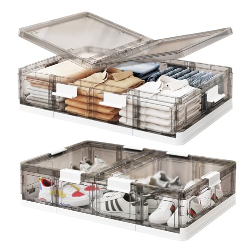 Kitstorack 2 Pack Plastic Under Bed Storage Bins with Lids and 8 Pre-installed Wheels,Rolling Low Rrofile Under bed Containers Box for Clothes Shoes, 37.8 Qt, Long, Clear, Flat, Large - size: Standard - 2 PACK