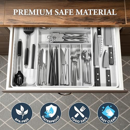 Simple Houseware Expandable & Adjustable Cutlery Drawer Organizer - Large Utensil and Flatware Tray for Kitchen Drawers, White - color: White