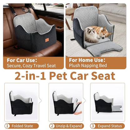 XEEP Dog Car Seat Bed for Small/Medium Dogs – Dog Booster Car Seat Up to 35 lbs -Use Travel Booster Seat with Memory Foam, Safety Belt, Bonus Urine Pad & Blanket, Removable Washable (Black/Grey)