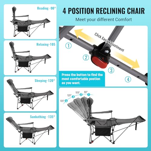 #WEJOY 2-in-1 Reclining Camping Chair with Footrest for Adults Folding Lounge Chair with Adjustable Backrest Lightweight Camping Chairs Heavy Duty Camp Chairs for Outdoor - color: Grey Black