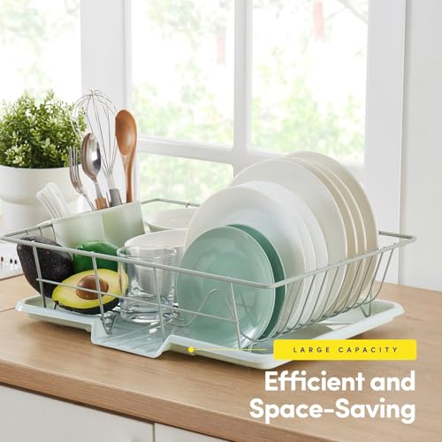 Sweet Home Collection Space-Saving 3-Piece Dish Drainer Rack Set: Efficient Kitchen Organizer for Quick Drying and Storage - Includes Cutlery Holder and Drainboard - Maximize Countertop Space, Mint - color: Mint