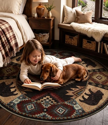 YIHOUSE Southwestern Round Rug 6ft, Low Pile Soft Circle Area Rug with Non-Slip Backing, Western Rustic Washable Rugs for Living Room, Bedroom - color: Bear, size: 6' (Round)