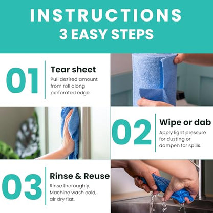 Microfiber Cleaning Cloth Roll Tearaway, 50 PCS Tear Away Towels, Reusable & Washable, Ultra Absorbent 12" x 12" Dish Rags for Car, Home, Kitchen, , 200 GSM Thickness, Paper Towel Alternative - color: Blue