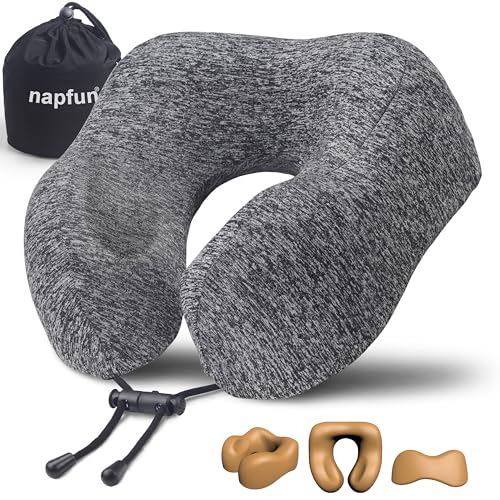 napfun Neck Pillow for Traveling, Upgraded Travel Neck Pillow for Airplane 100% Pure Memory Foam Travel Pillow for Flight Headrest Sleep, Portable Plane Accessories, Full Grey - color: Gray