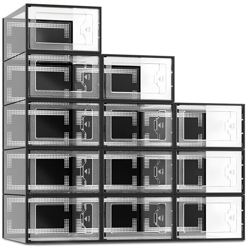 SEE SPRING 12 Pack Shoe Storage Box, Clear Plastic Stackable Shoe Organizer for Closet, Space Saving Shoe Rack for Entryway Sneaker Container Bin Holder (Black) - color: Black, size: Large Fit Size 9