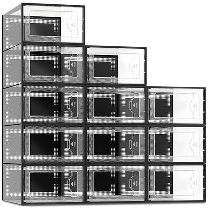 SEE SPRING X-Large Black Modern Plastic Shoe Box, 12 Pack, Clear Front Door, Stackable, Foldable, Ventilated, Fits US Size 11, 13.2''L9.1''W7.3''H Inch, 655.65 Cubic Inches, Already Assembled - color: Black, size: X-Large Fit Size 11