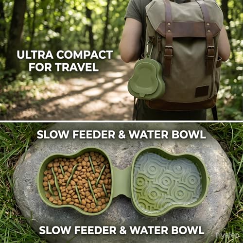 Collapsible Dog Travel Bowl with Lid, Portable Slow Feeder & Lick Mat Combo, Mess-Free Clamshell Silicone Water Dish for Hiking (Khaki) - color: khaki