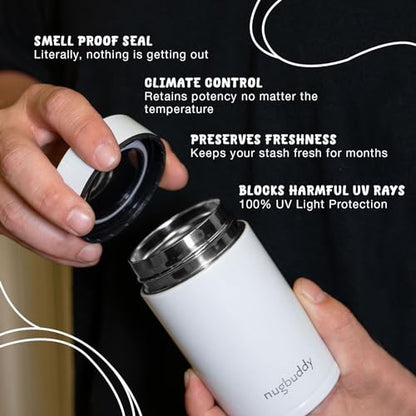 nugbuddy Mini Airtight Storage Container - Vacuum Sealed Insulated w Nested Glass Jar - UV Protection, Temperature Controlled Stainless - 100 ml (1/4 Oz) - color: White, size: 100 ML