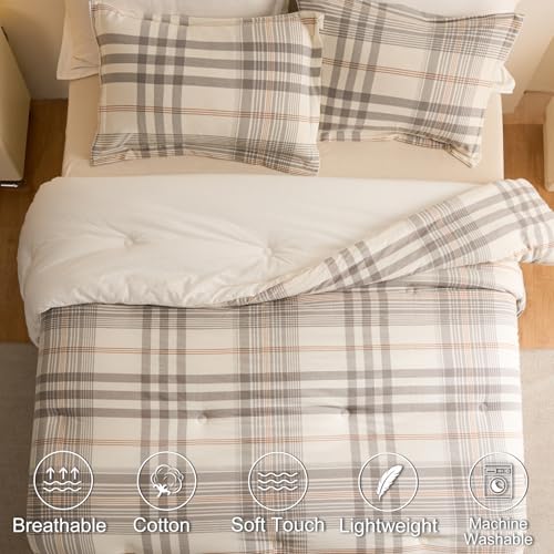 100% Cotton Comforter Set King Size – Reversible Yarn-Dyed Checkered Design, Soft Washed Cotton on Both Sides, Lightweight All-Season Bedding, Machine Washable(Grey White Plaid, 104”x90”) - color: Grey White, size: King(104"x90")