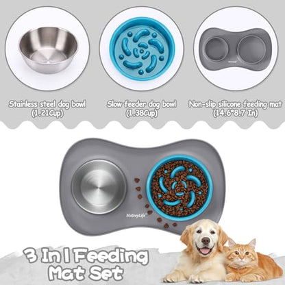 MateeyLife Dog Food and Water Bowl Set 3 in 1, Slow Feeder Dog Bowls & Stainless Steel Water Bowl with Non-Spill Silicone Mat, Cat and Puppy Bowls Pet Dishes for Small Medium Large Breed Anti-Choking - color: Gray, size: Small