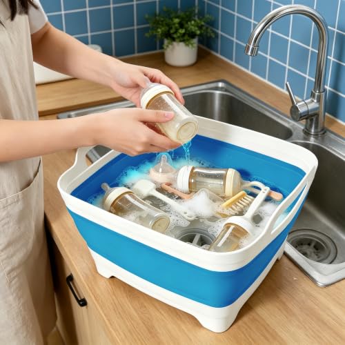 FOSJGO Collapsible Dish Basin with Drain Plug, 2.4 Gal (9L) Space-Saving Foldable Sink, Wash Basin for Kitchen, Baby Bottles, Vegetable Washing, Camping, RV and Party Beverage Tubs (Sky Blue) - color: Sky Blue