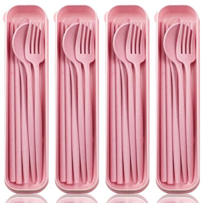 ELANE 4 Sets Reusable Travel Utensils Set with Case,Camping Cutlery Set Reusable Cutlery Set with Case,Utensil Sets for Lunch Picnic Daily Use Outdoor (pink) - color: Pink